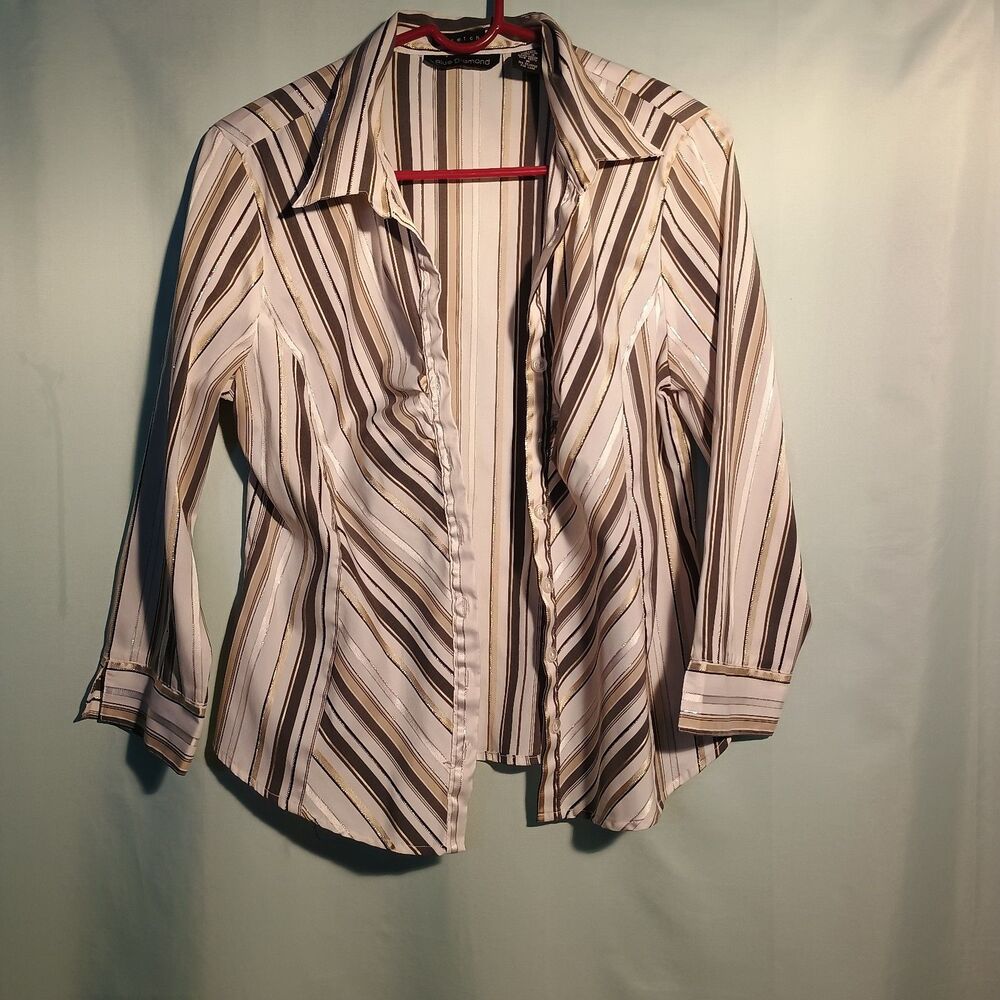 Blue Diamond Striped Button Down Shirt Women’s Collared Long Sleeve Blouse M